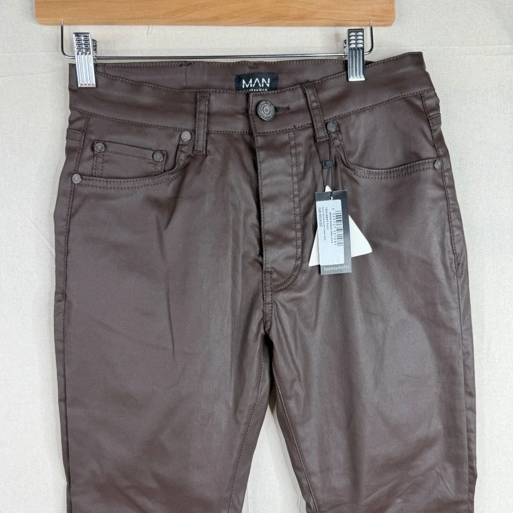 New Boohoo Man Skinny Button Fly Coated Jeans size 30 Dark Brown